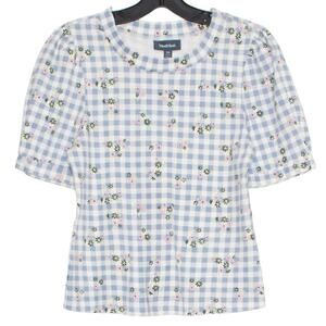 ModCloth Gingham Floral Puff Sleeve Top Cottage Prairie Coquette Romantic XS